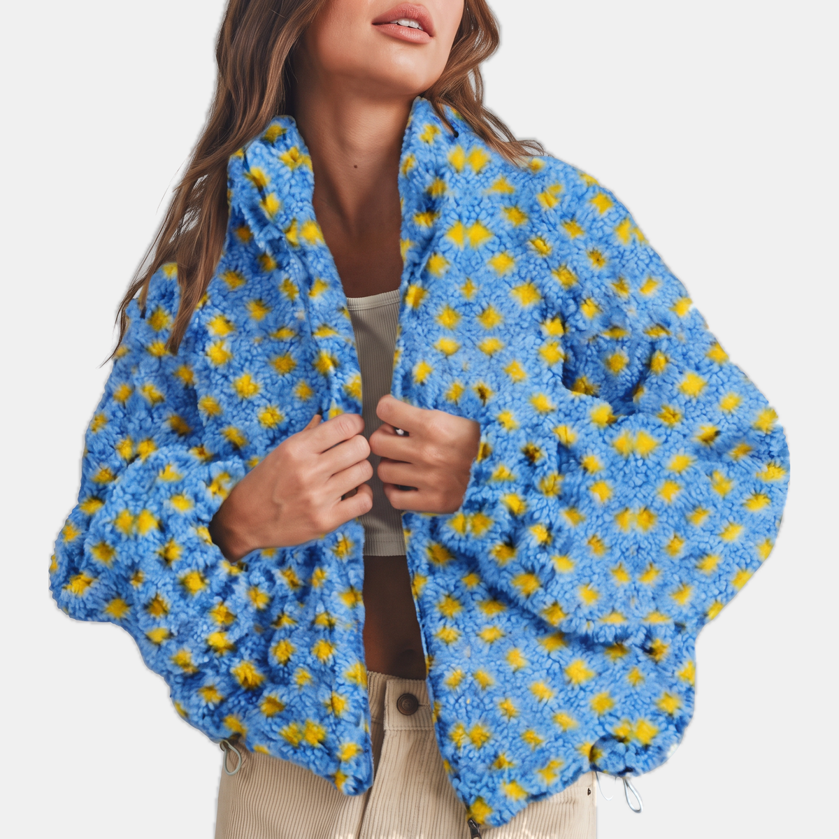 Women's Sherpa Fleece Zip Up Oversized Jacket with Checkerboard Texture