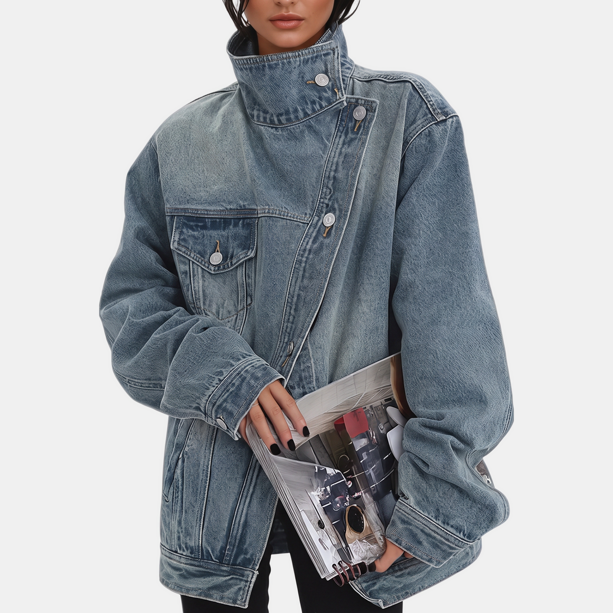 Women's Asymmetric Button Front Oversized Denim Jacket