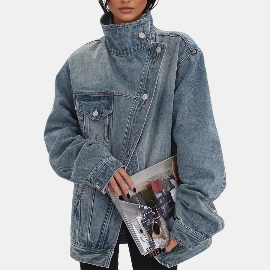 Women's Asymmetric Button Front Oversized Denim Jacket