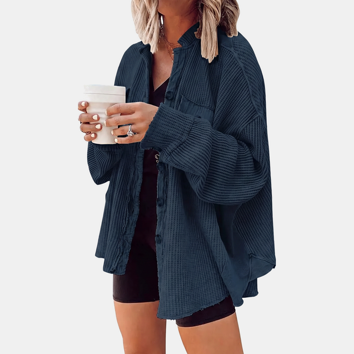 Women's Waffle Knit Raw Hem Button Down Shacket