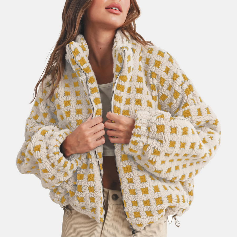 Women's Sherpa Fleece Zip Up Oversized Jacket with Checkerboard Texture