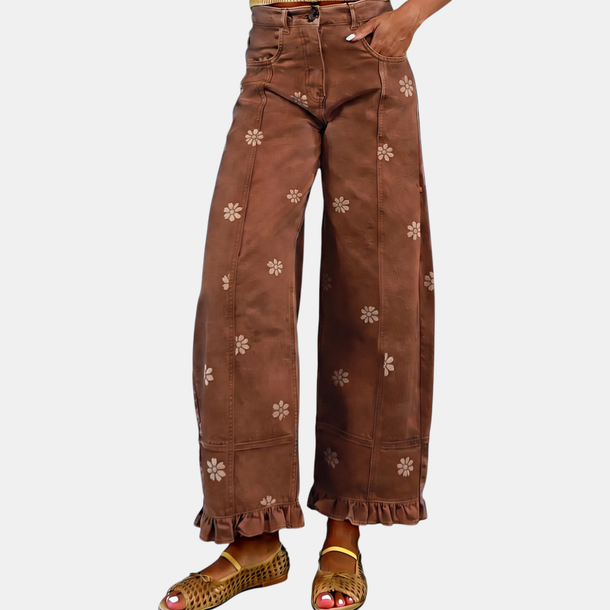 Women's Baggy Jeans Wide Leg Floral Ruffle Hem Denim Pants