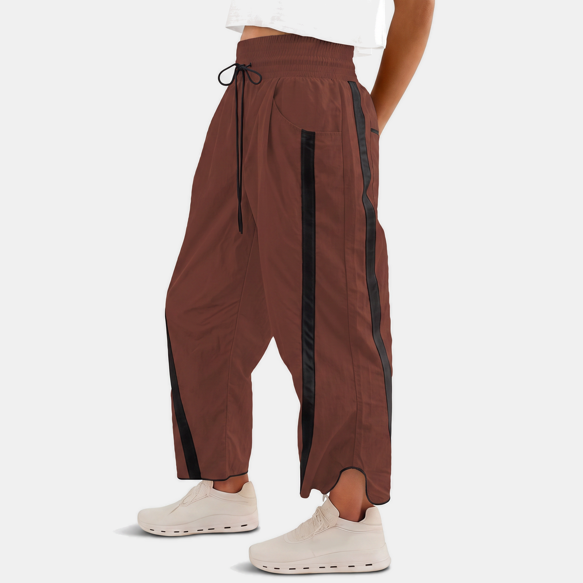 Women's Wide Leg Barrel Pants with Contrast Side Stripe Drawstring Waist
