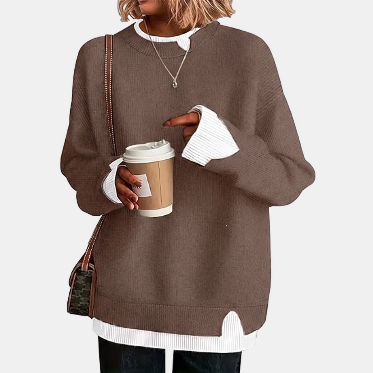 Women's Faux Layered Oversized Sweater with Ribbed Contrast Cuffs and Hem