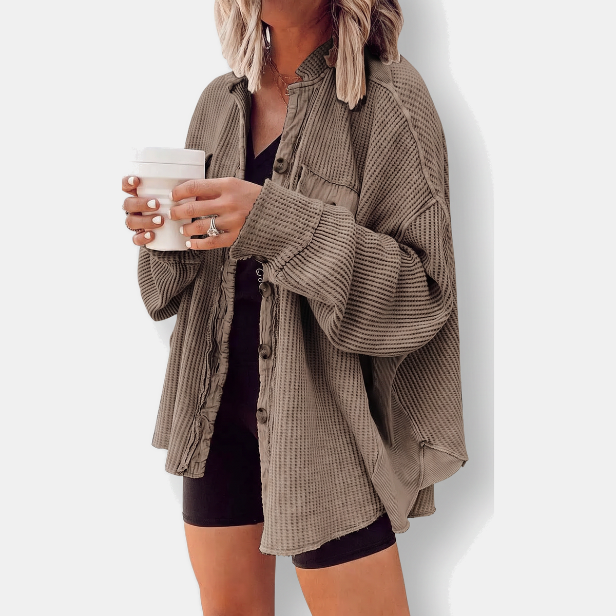 Women's Waffle Knit Raw Hem Button Down Shacket