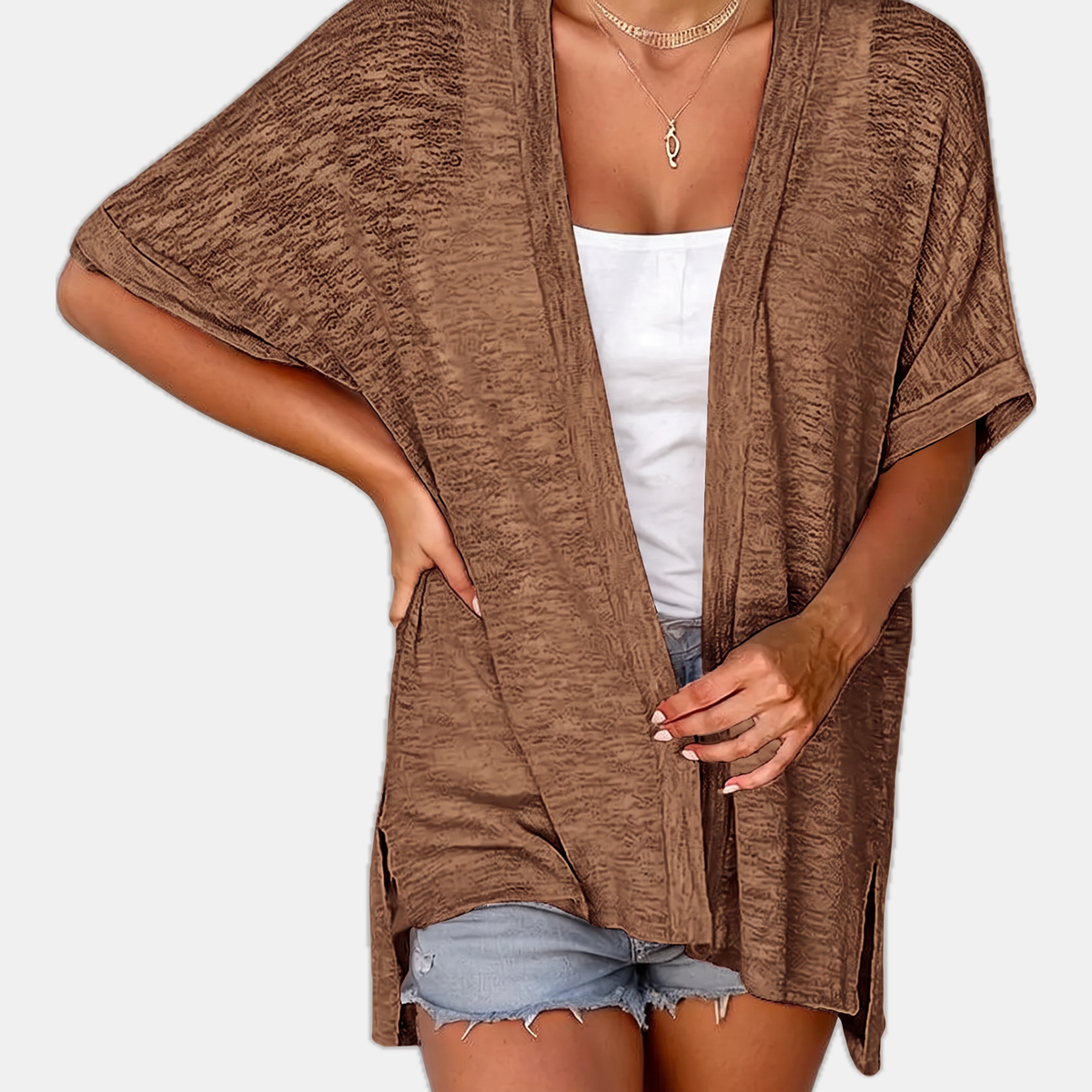 Women's Short Sleeve Open Front Cardigan Textured Knit High Low Hem