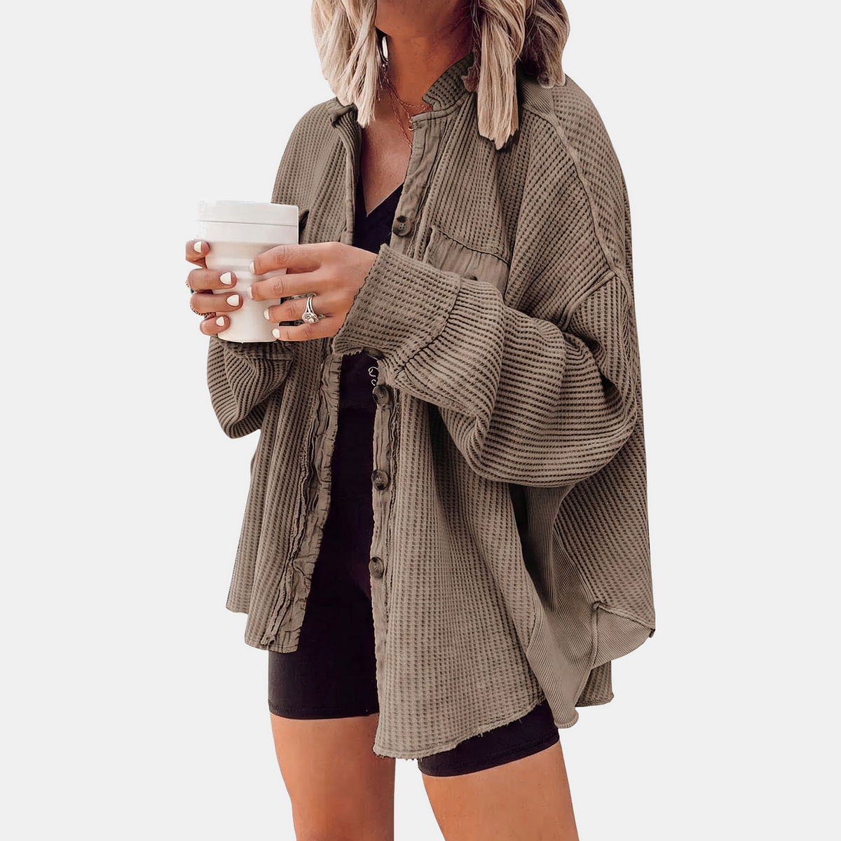 Women's Waffle Knit Raw Hem Button Down Shacket
