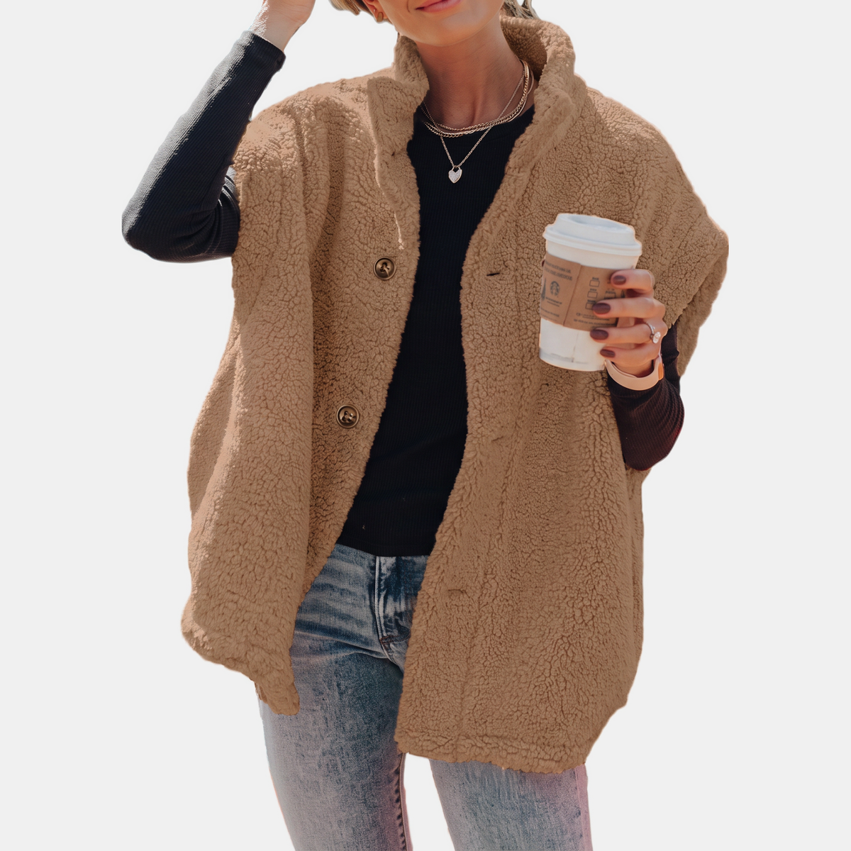 Women's Fuzzy Sherpa Button Front Oversized Fleece Vest with Pockets