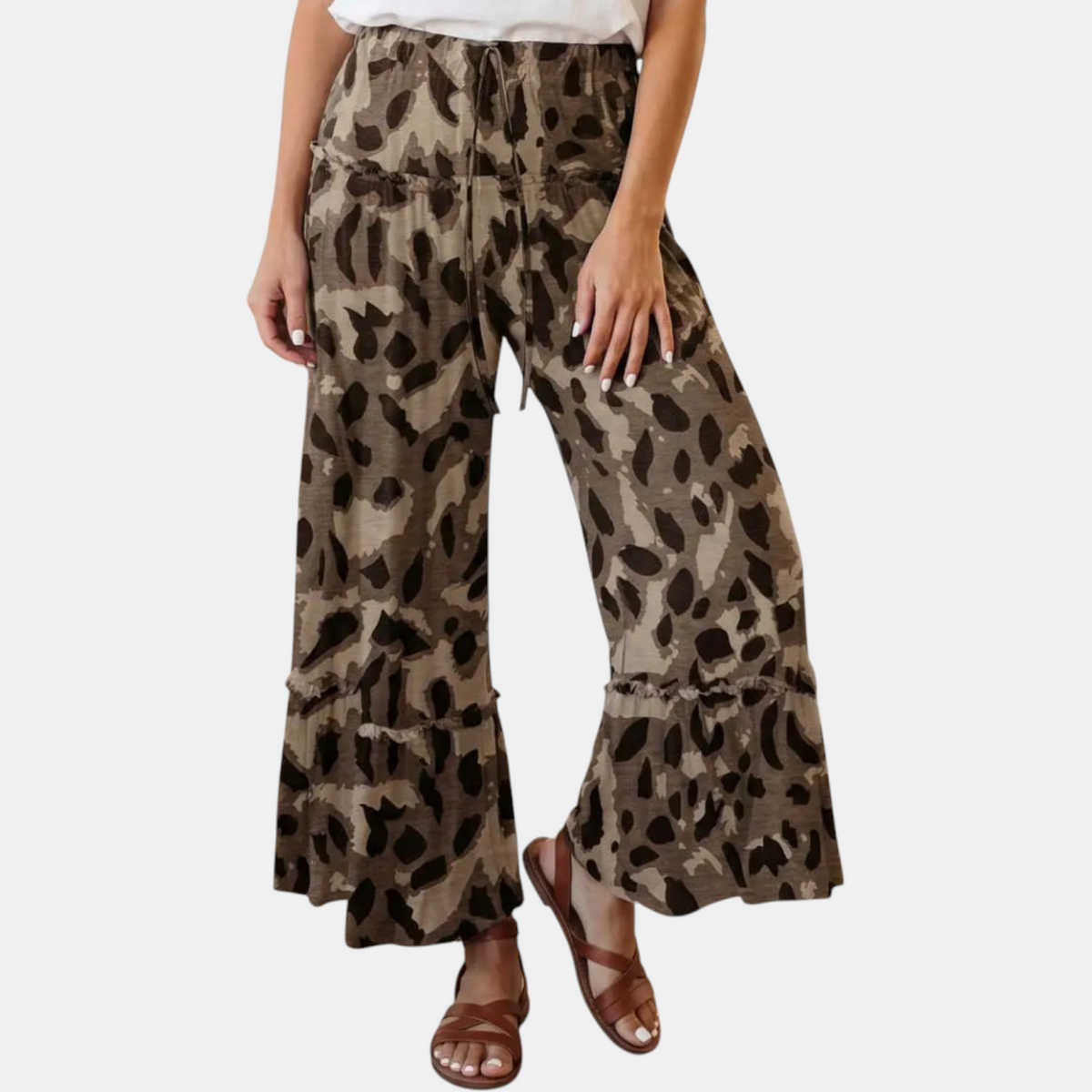 Women's Ruffle Hem Wide Leg Camo Pants with Drawstring Waist