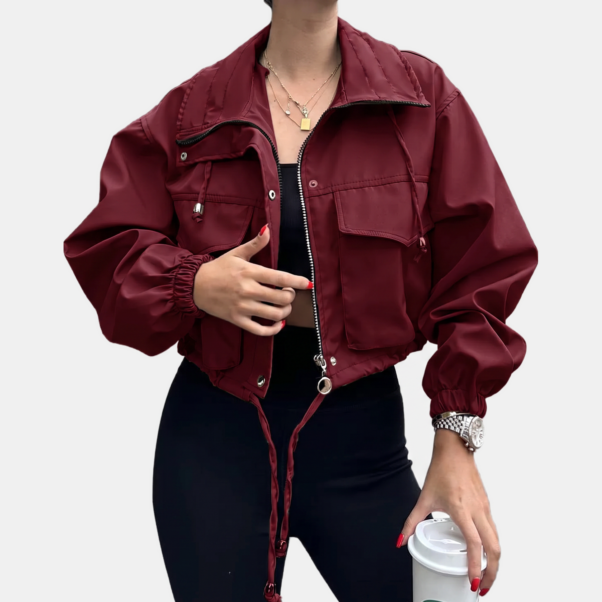 Women's Cropped Utility Zip Up Jacket with Snap Button Pockets