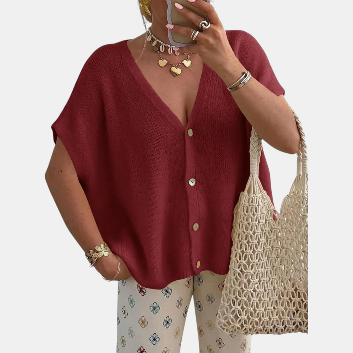 Women's Short Sleeve Button Front Oversized Knit Cardigan