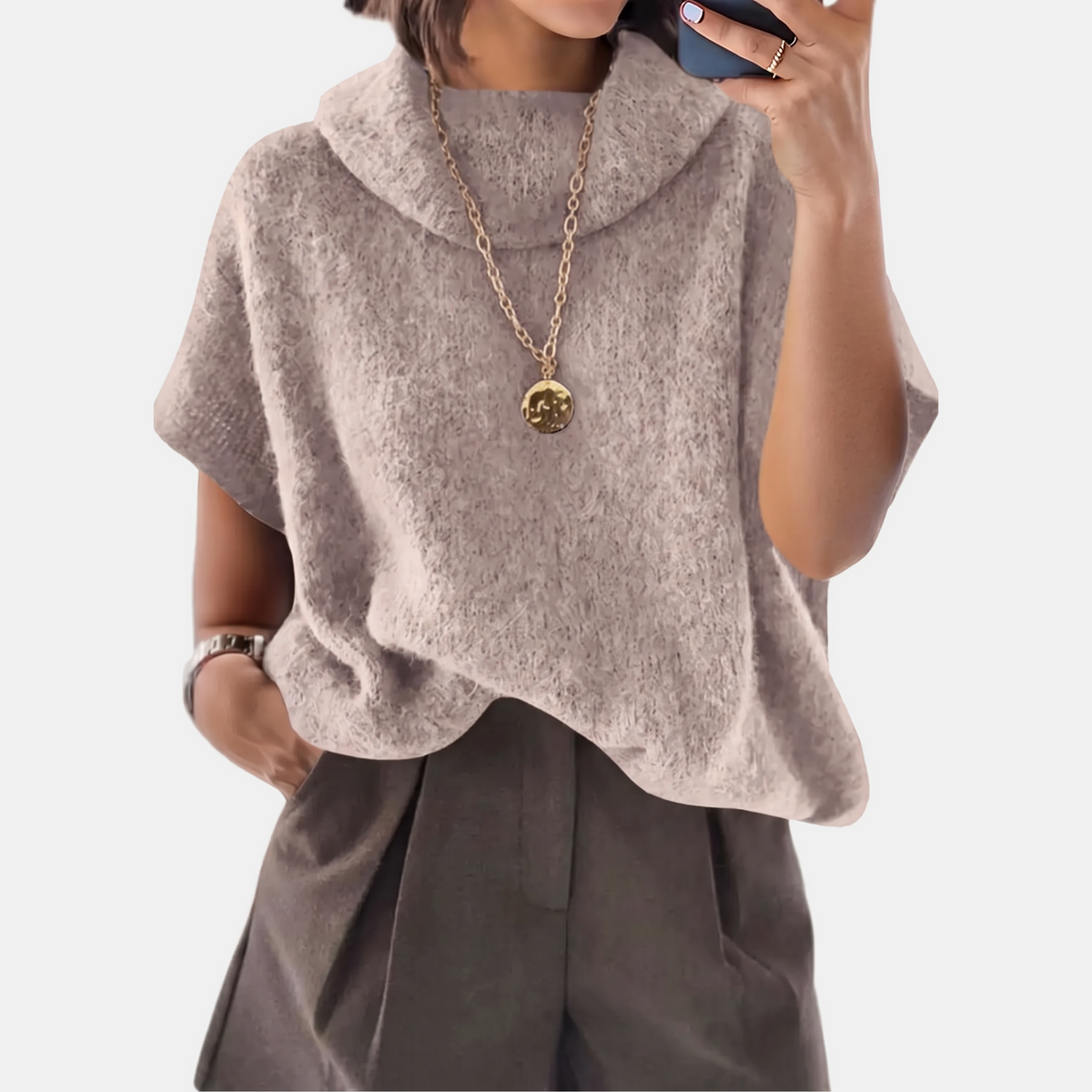 Women's Turtleneck Oversized Batwing Short Sleeve Knit Sweater