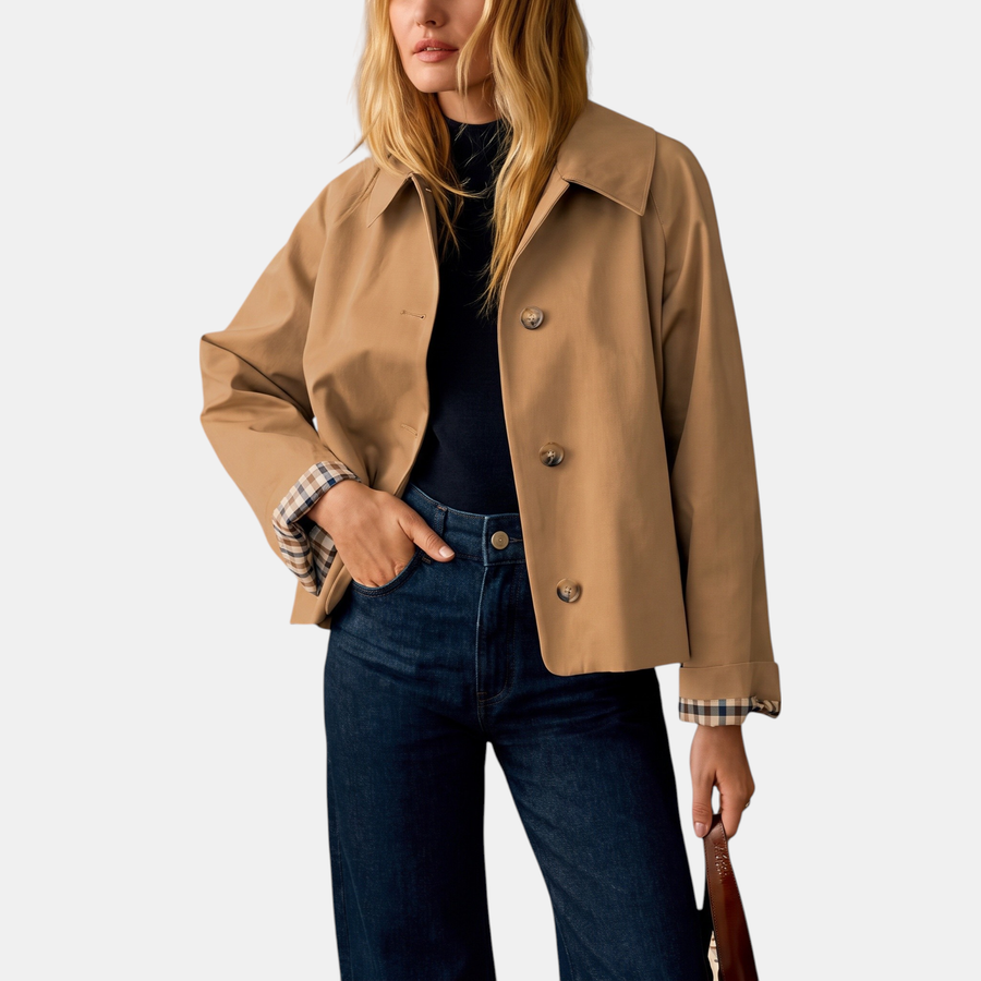 Women's Cropped Trench Coat Single Breasted with Checkered Lining