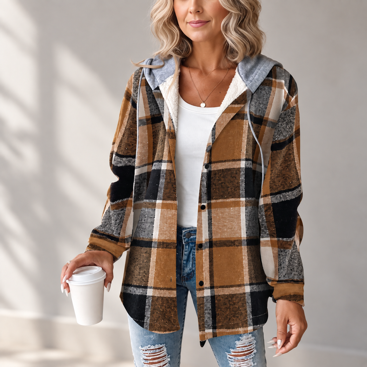 Women's Hooded Button Front Plaid Shacket Jacket