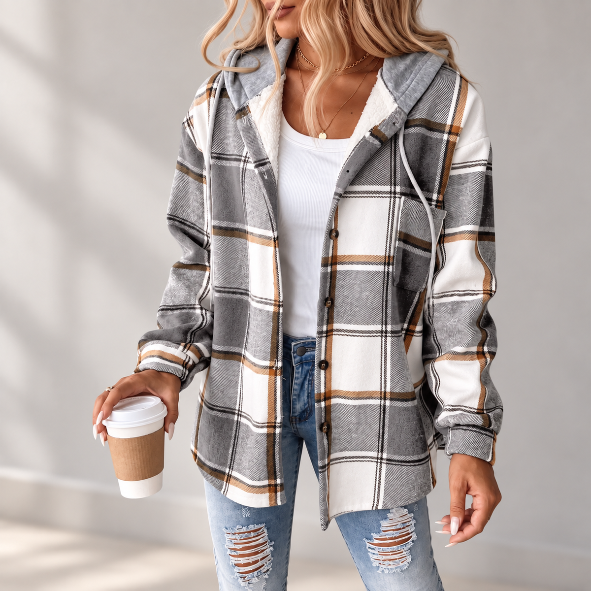 Women's Hooded Button Front Plaid Shacket Jacket