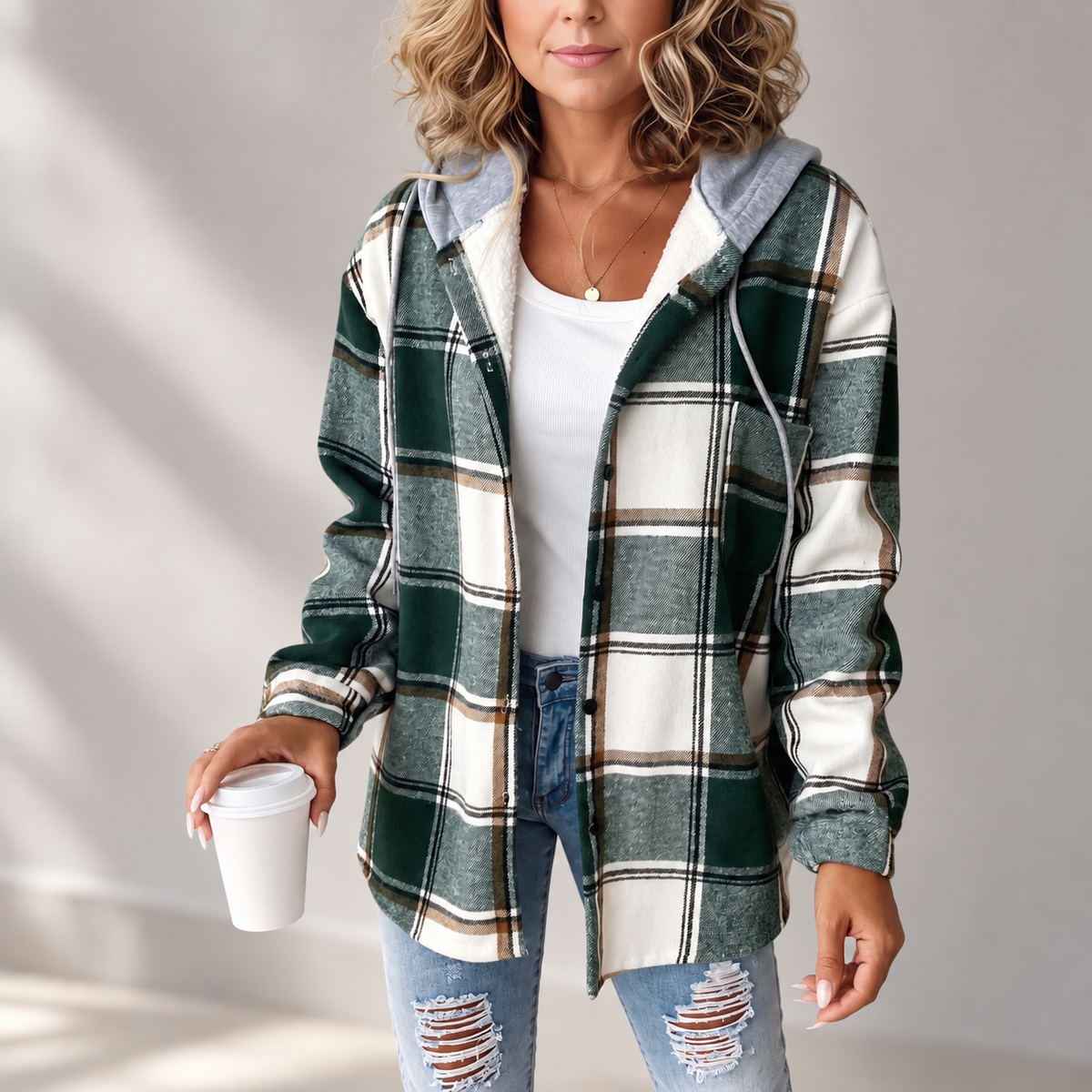 Women's Hooded Button Front Plaid Shacket Jacket