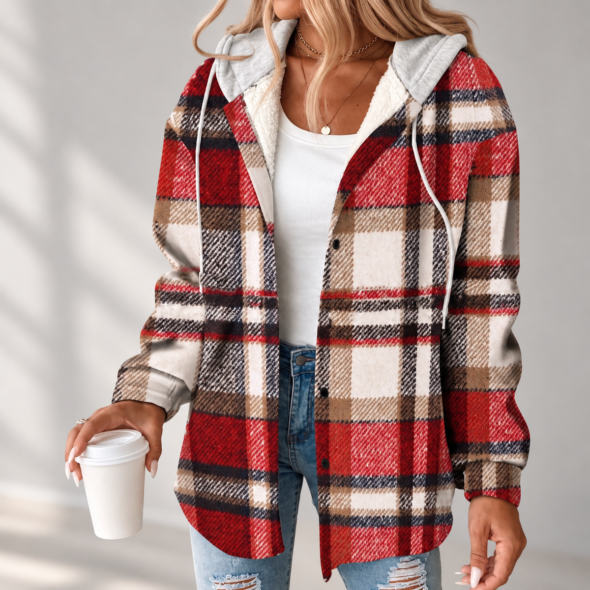 Women's Hooded Button Front Plaid Shacket Jacket