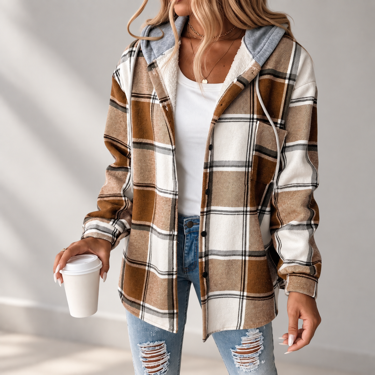 Women's Hooded Button Front Plaid Shacket Jacket