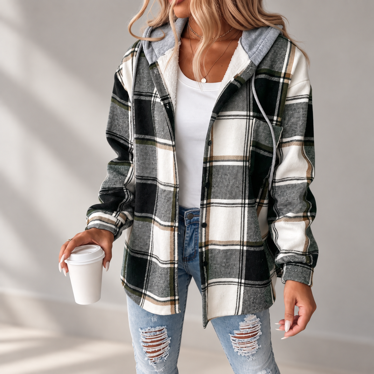 Women's Hooded Button Front Plaid Shacket Jacket