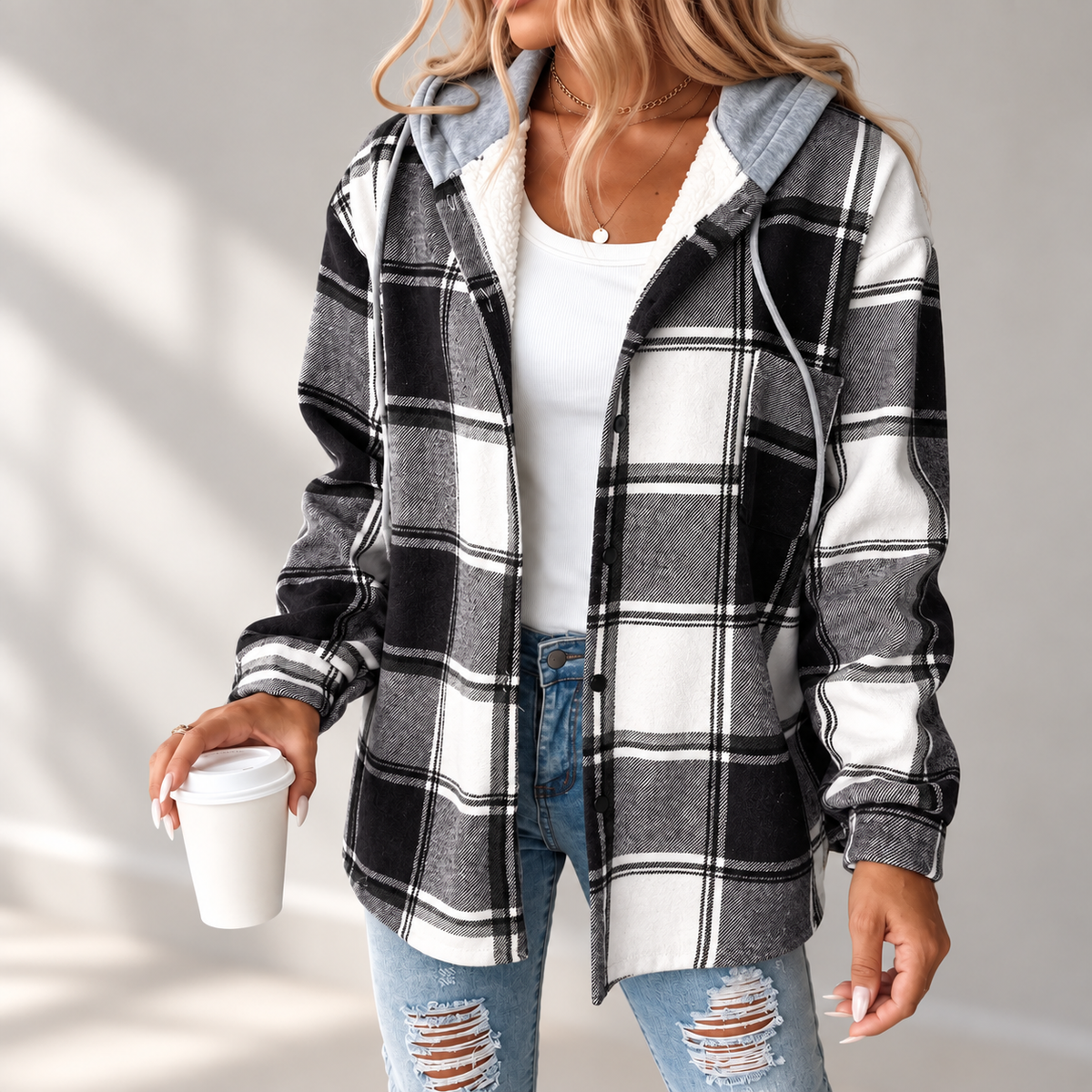 Women's Hooded Button Front Plaid Shacket Jacket