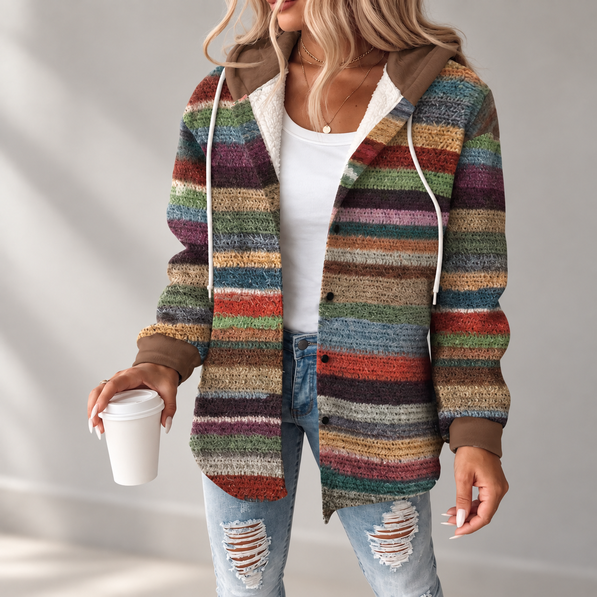 Women's Hooded Button Front Plaid Shacket Jacket