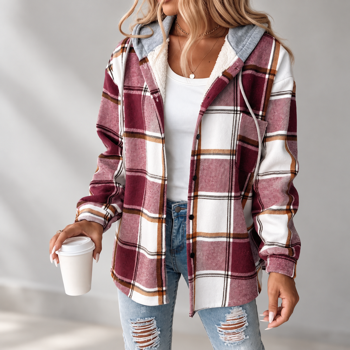 Women's Hooded Button Front Plaid Shacket Jacket