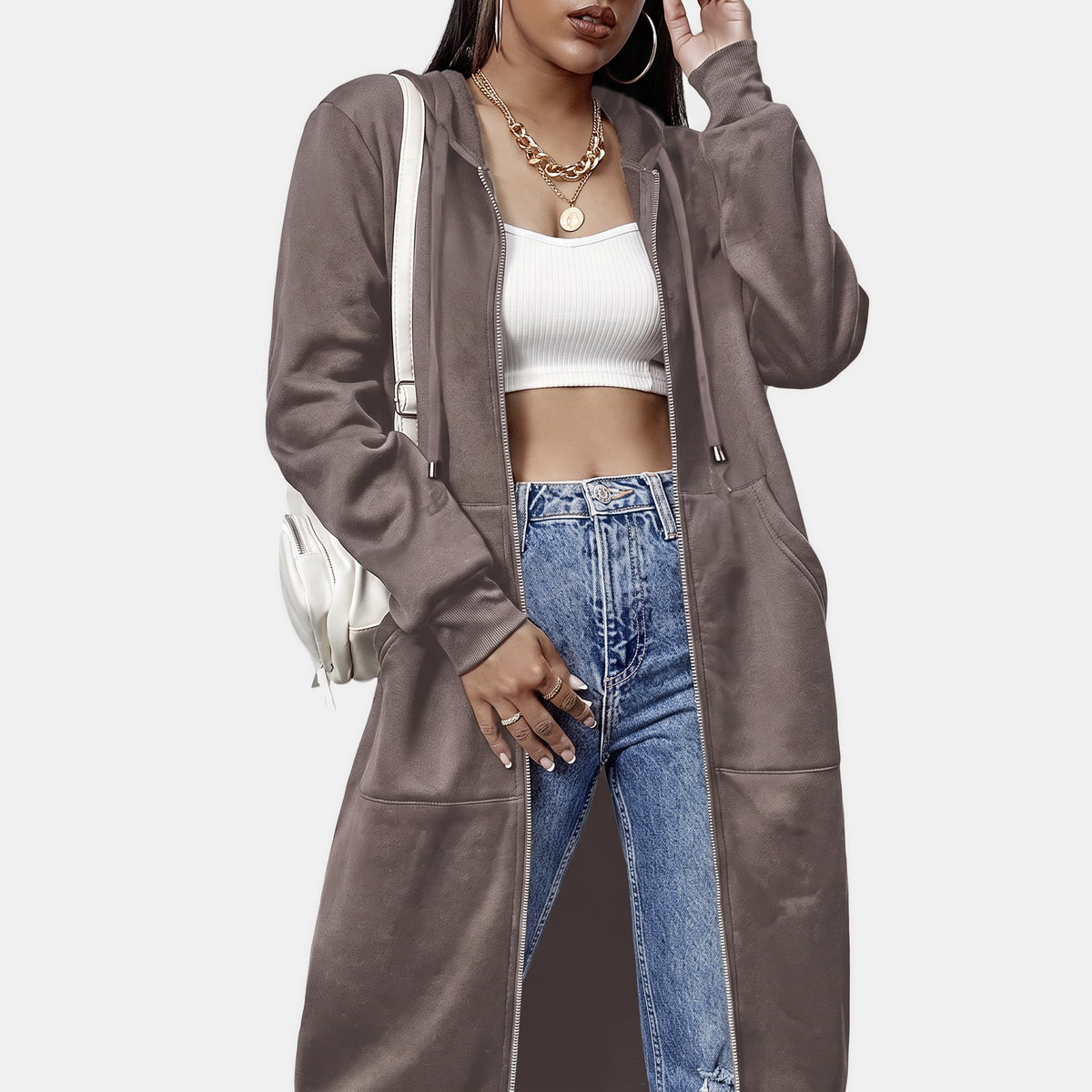 Women's Zip Up Oversized Hoodie Longline Fleece Sweatshirt