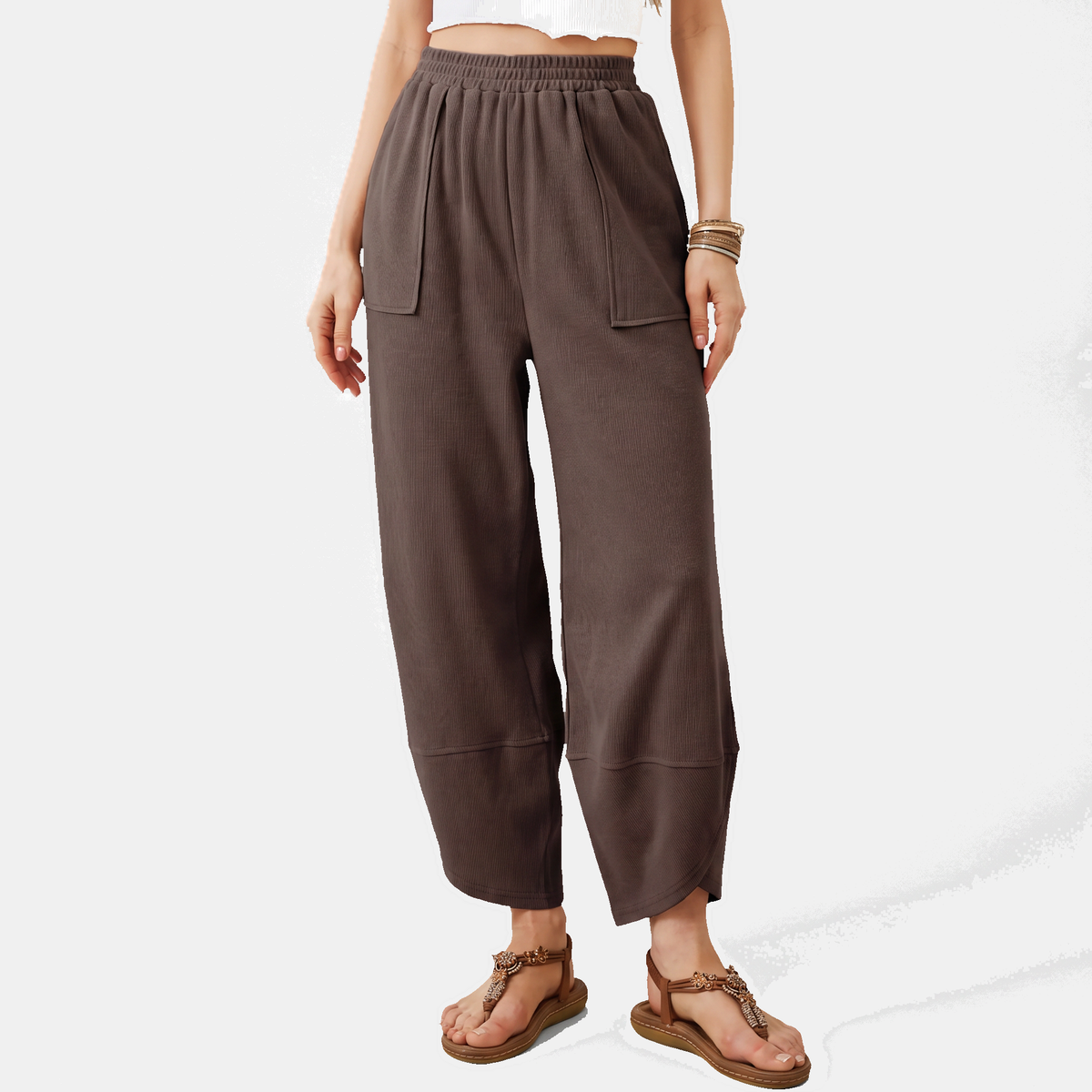 Women's Wide Leg Ribbed Knit Pants with Patch Pockets High Waist