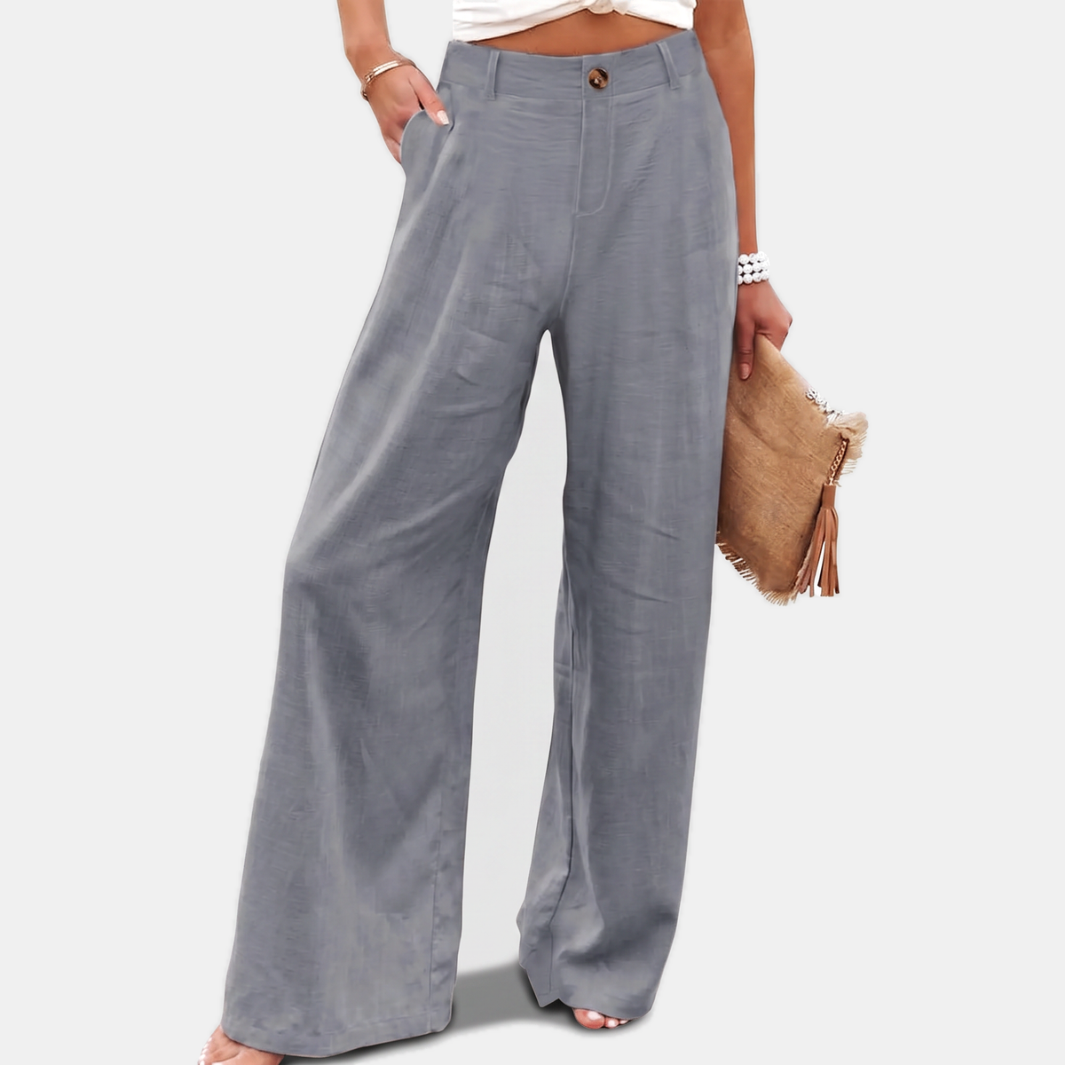 Women's Button Front Linen Pants High Waist Wide Leg Trousers