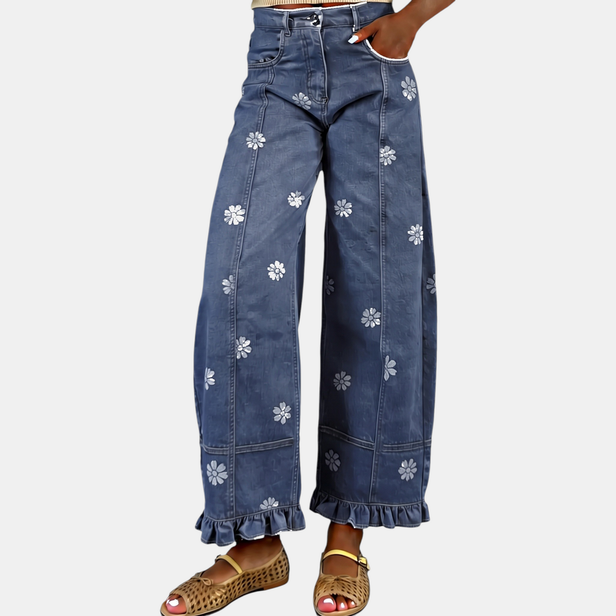 Women's Baggy Jeans Wide Leg Floral Ruffle Hem Denim Pants