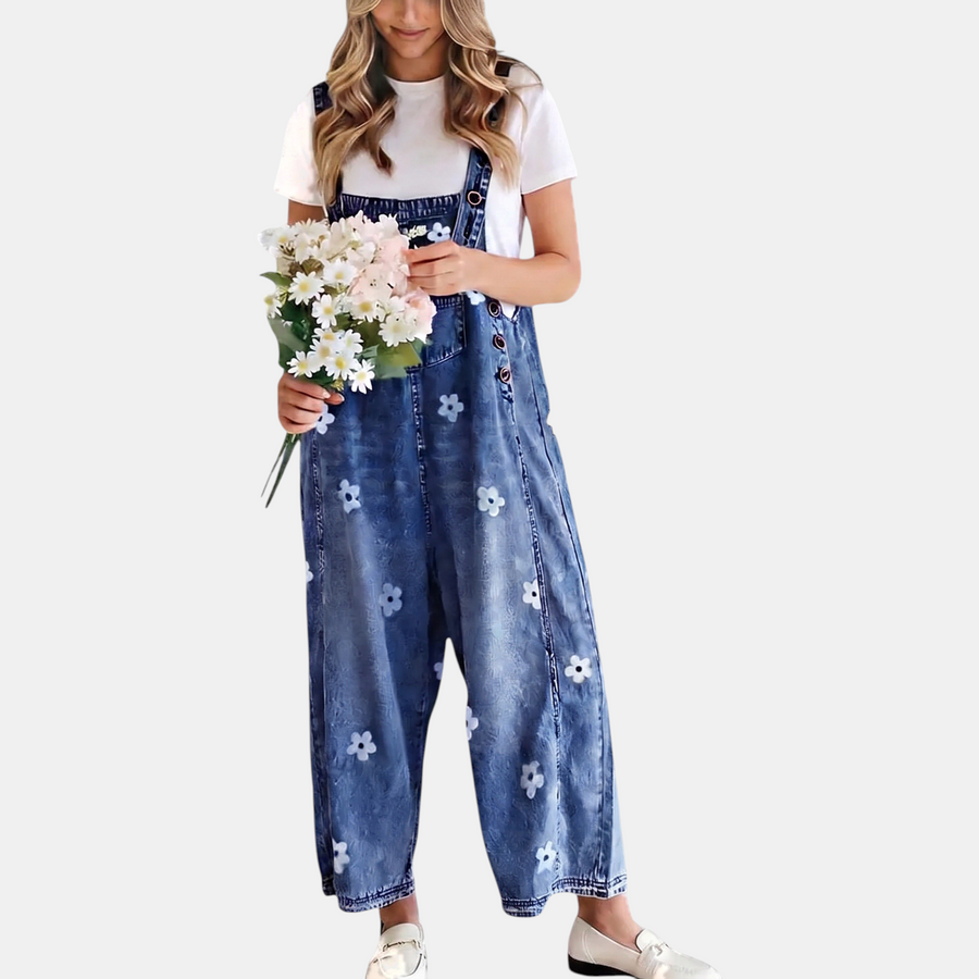 Women's Vintage Wash Wide Leg Bib Overalls Denim Jumpsuit