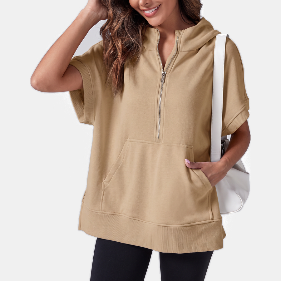 Women's Oversized Half Zip Short Sleeve Hoodie Sweatshirt with Pockets