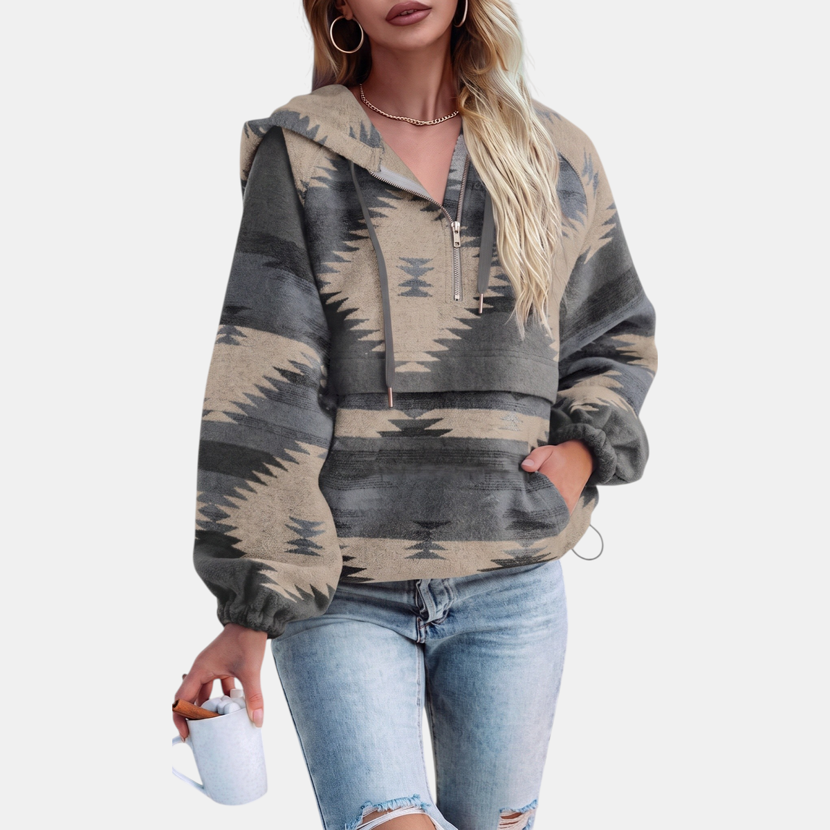 Oversized Quarter Zip Hoodie with Geometric Print