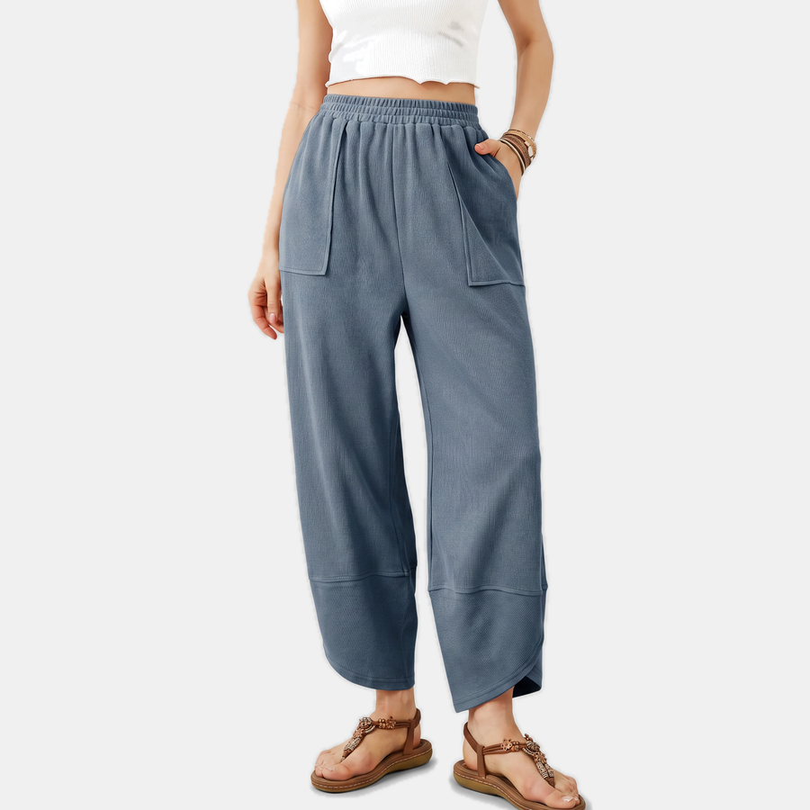 Women's Wide Leg Ribbed Knit Pants with Patch Pockets High Waist