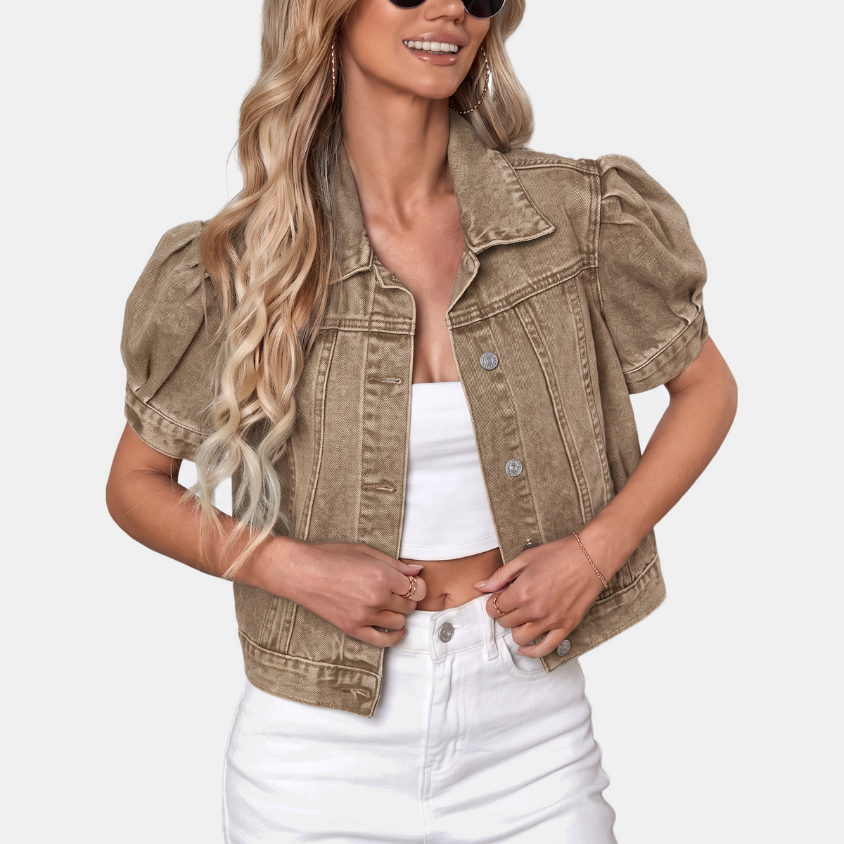 Women's Puff Sleeve Cropped Denim Jacket Button Front