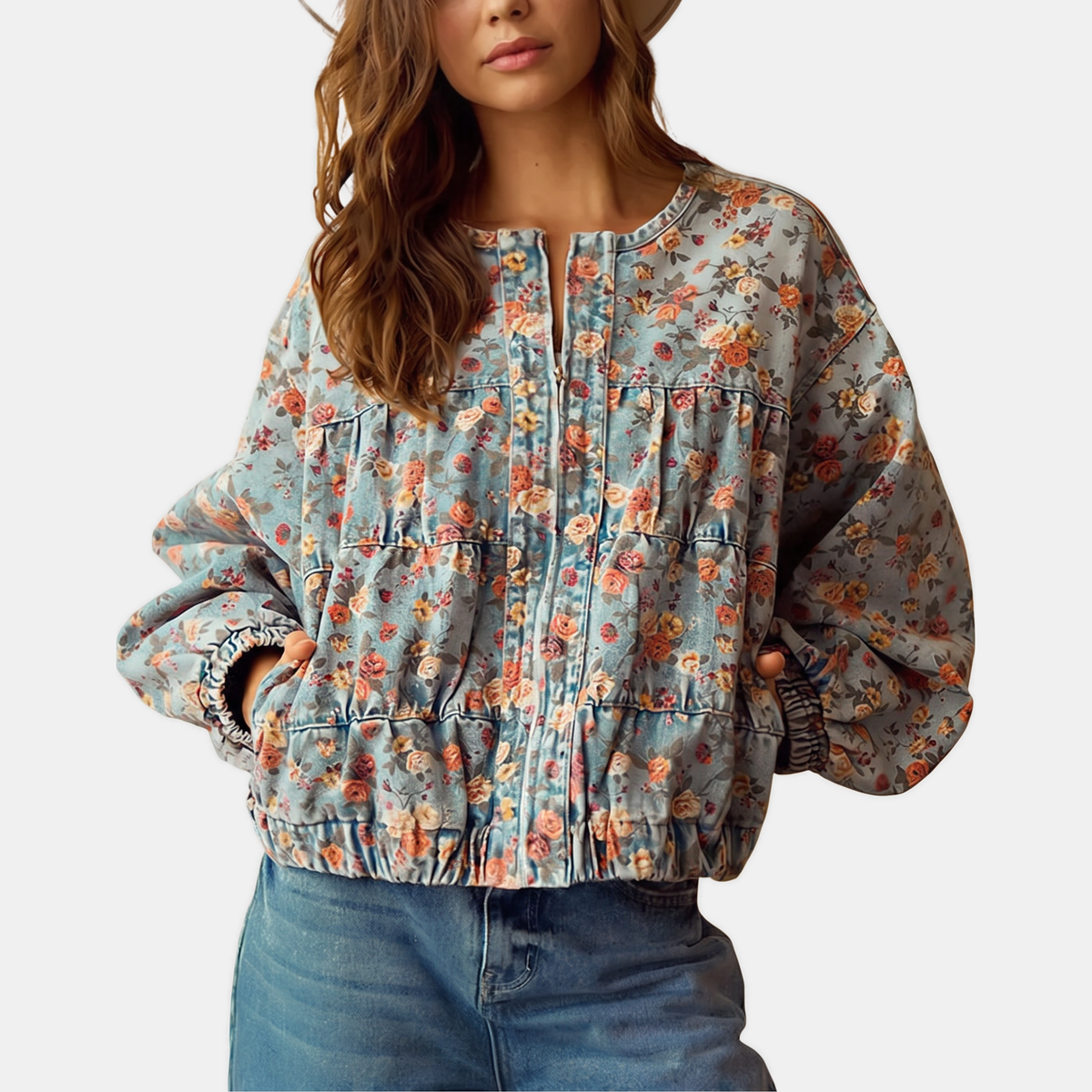Women's Floral Denim Jacket Oversized Balloon Sleeve Short Coat
