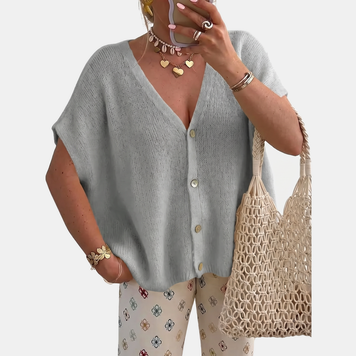 Women's Short Sleeve Button Front Oversized Knit Cardigan