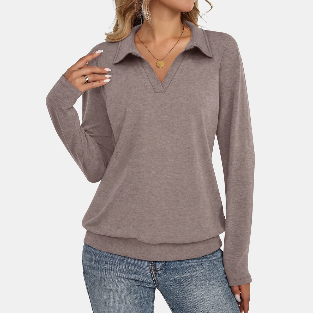 Women's Relaxed Polo Collar V-Neck Pullover Sweatshirt