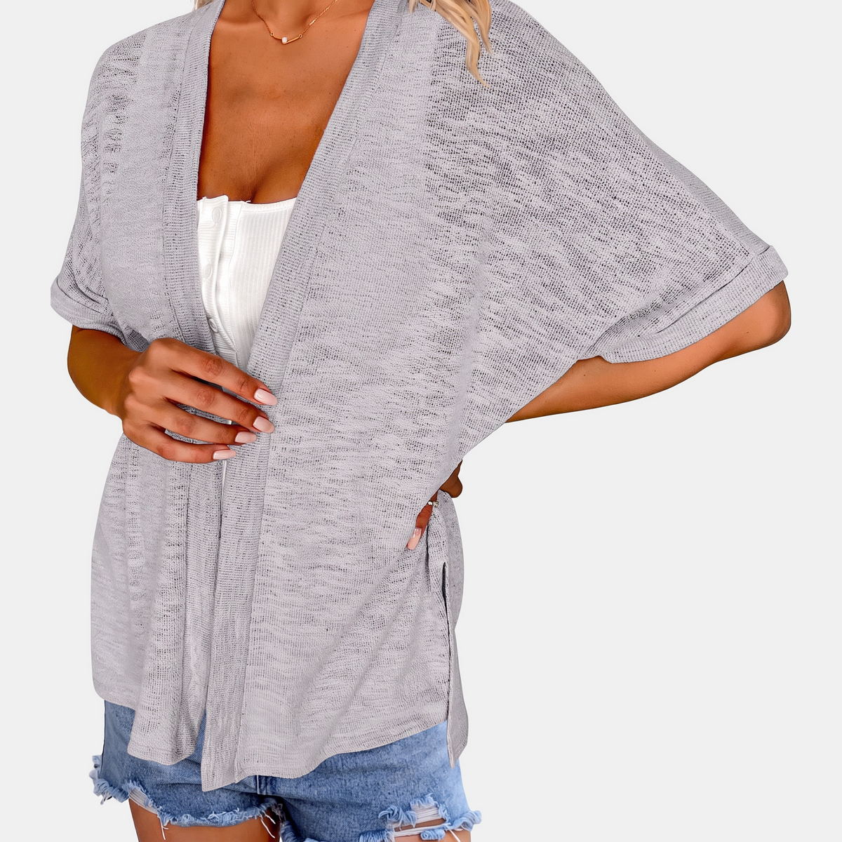 Women's Short Sleeve Open Front Cardigan Textured Knit High Low Hem