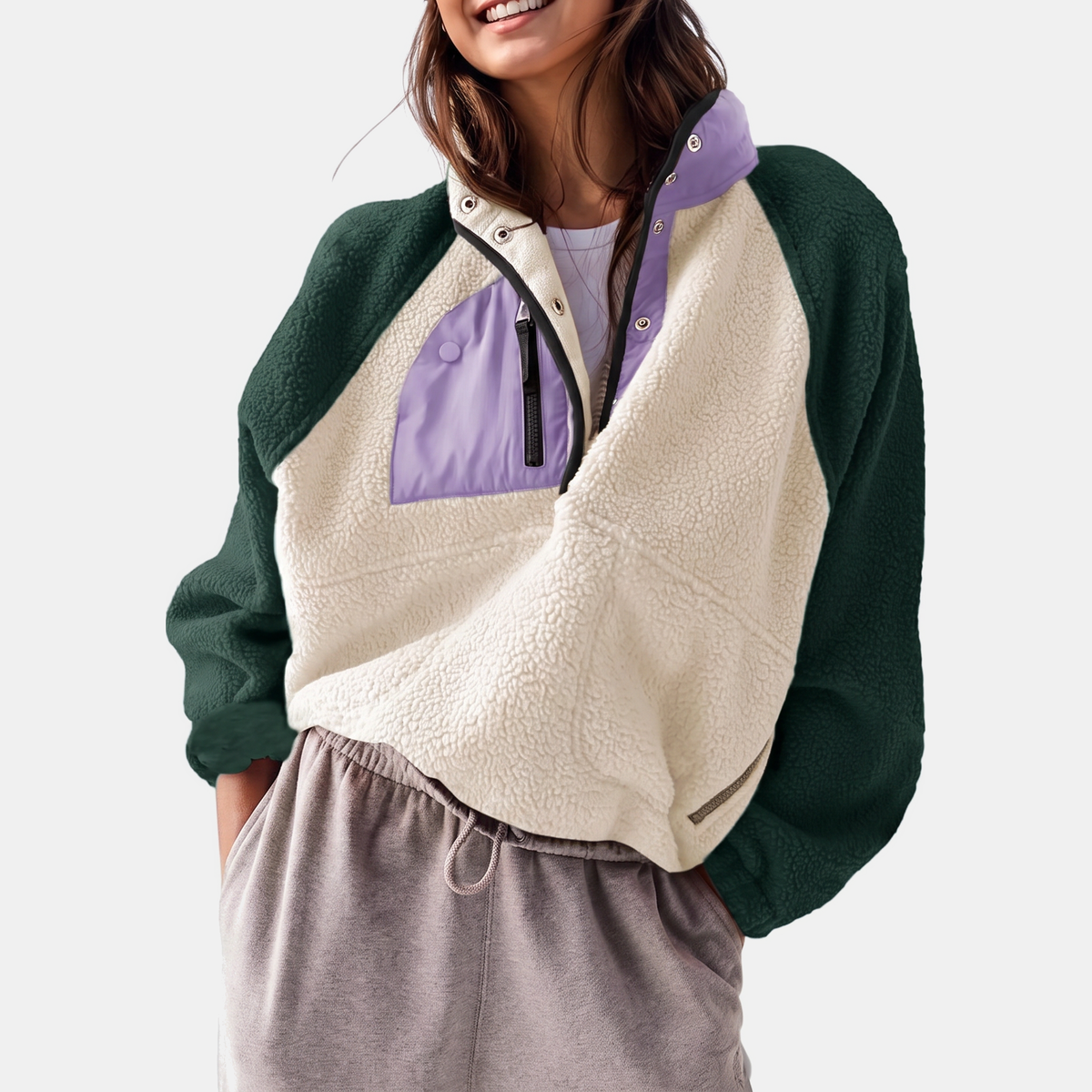Women's Colorblock Sherpa Fleece Cropped Pullover Jacket