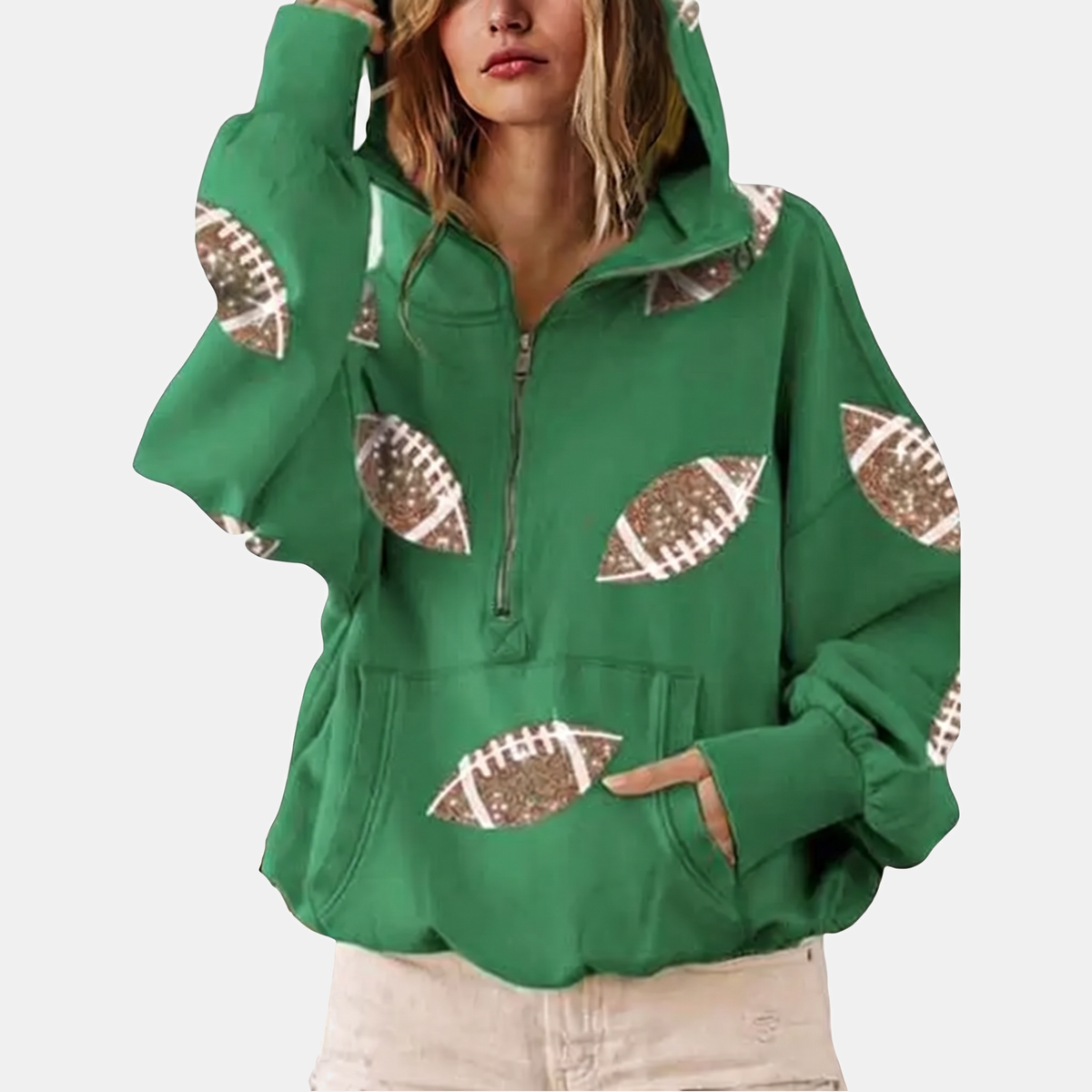 Women's Oversized Hoodie Half Zip Pullover with Sequin Football Print