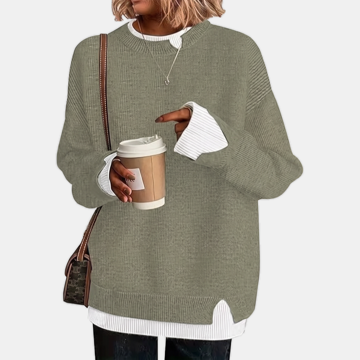 Women's Faux Layered Oversized Sweater with Ribbed Contrast Cuffs and Hem
