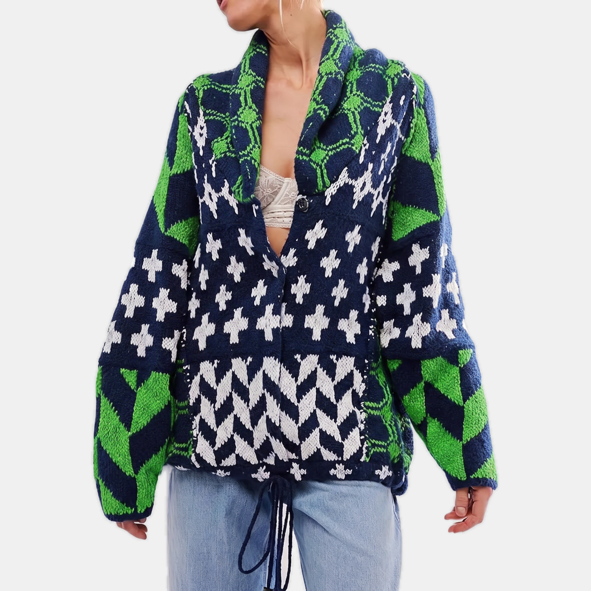 Women's Abstract Print Cardigan Sweater Oversized Open Front Knit