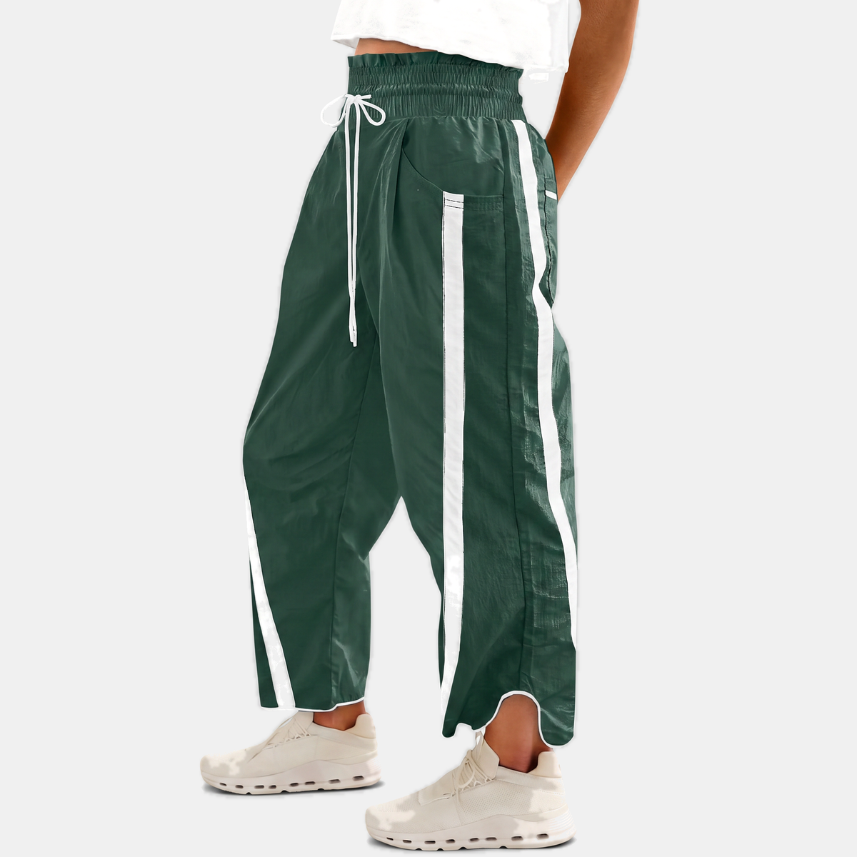 Women's Wide Leg Barrel Pants with Contrast Side Stripe Drawstring Waist