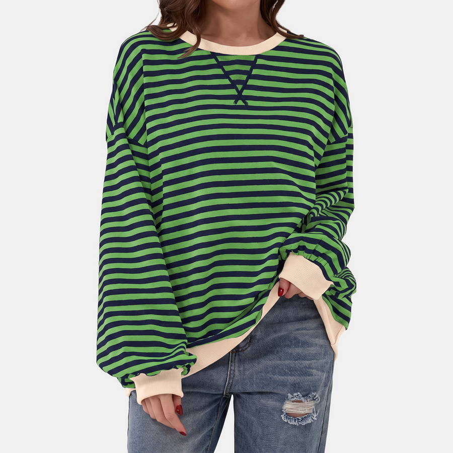 Women's Oversized Crewneck Striped Sweatshirt with Contrast Trim