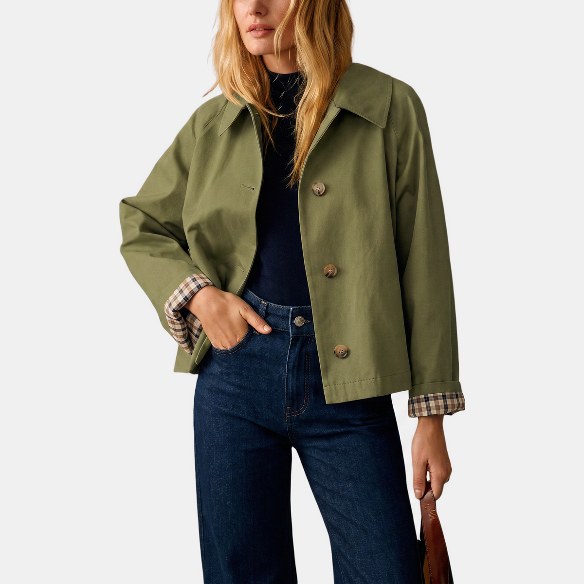 Women's Cropped Trench Coat Single Breasted with Checkered Lining