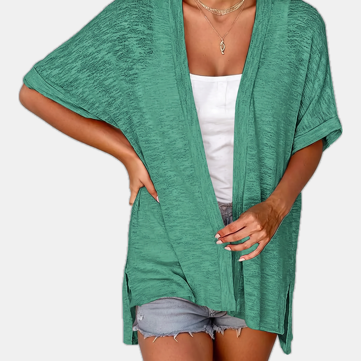 Women's Short Sleeve Open Front Cardigan Textured Knit High Low Hem
