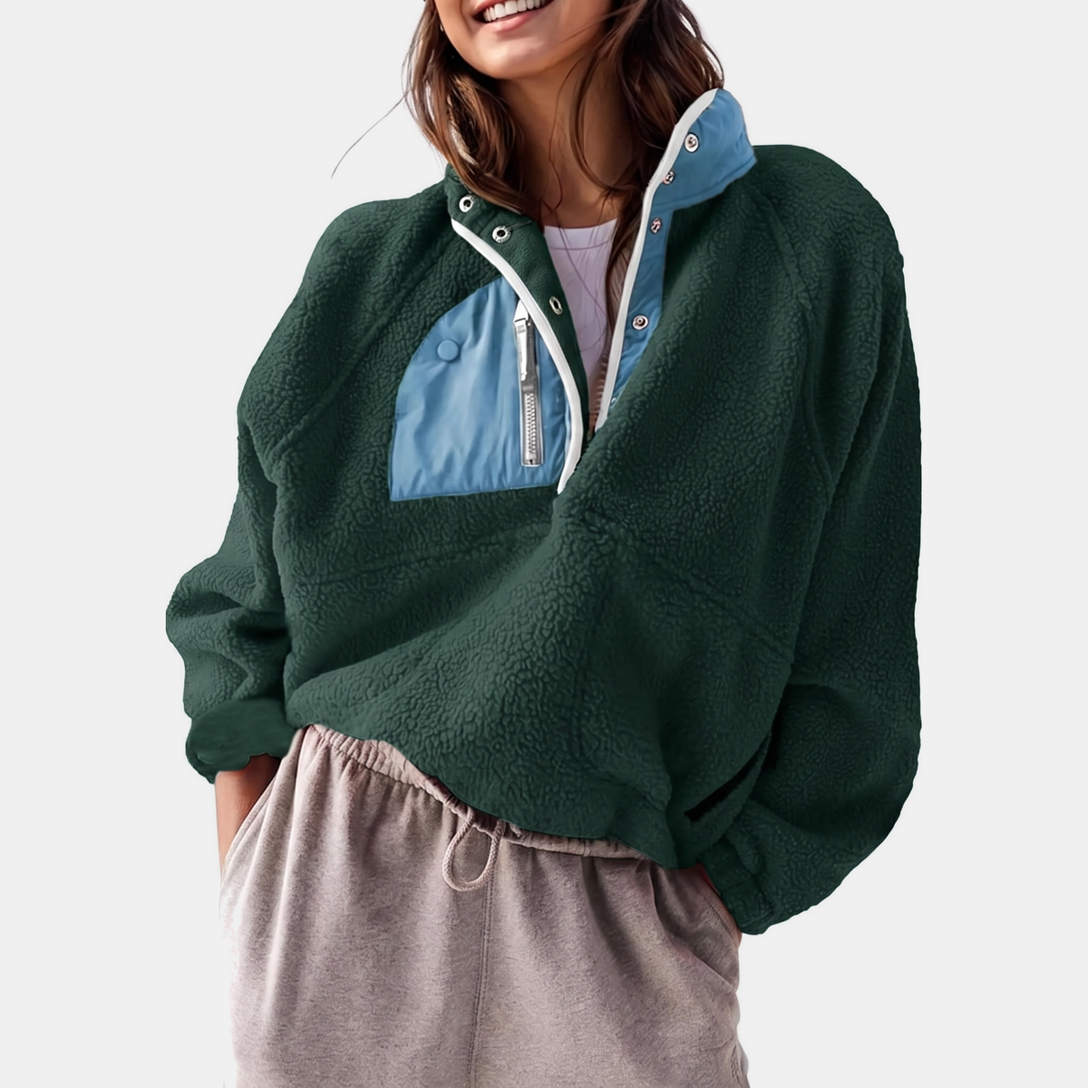 Women's Colorblock Sherpa Fleece Cropped Pullover Jacket