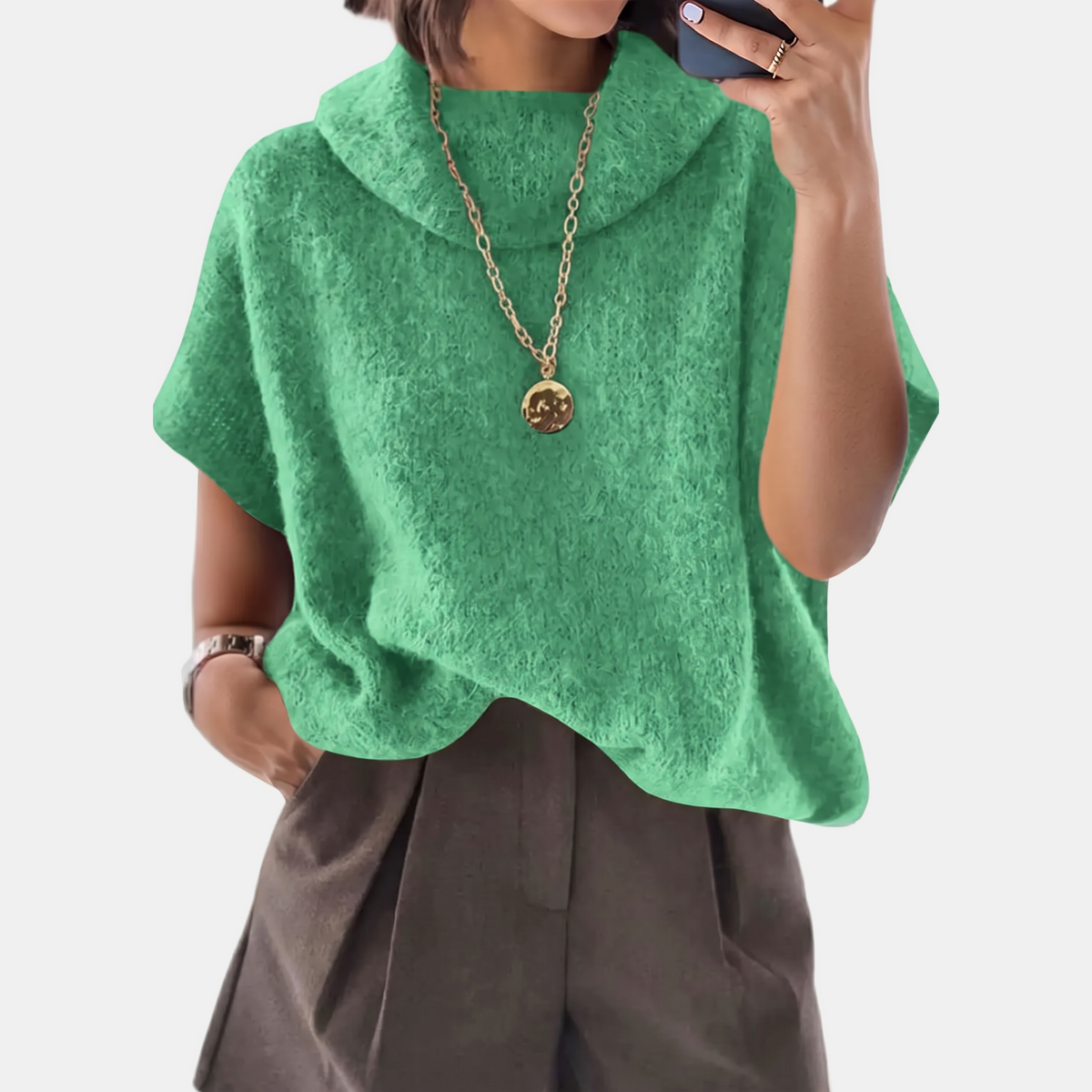 Women's Turtleneck Oversized Batwing Short Sleeve Knit Sweater