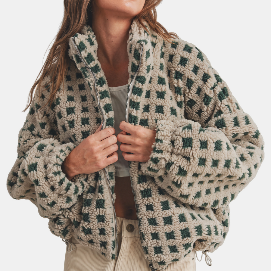 Women's Sherpa Fleece Zip Up Oversized Jacket with Checkerboard Texture